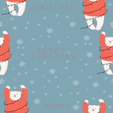 Kazak giyip çelenge sarılmış kusursuz bir kutup ayısı deseni. Noel arkaplanı. Ambalaj kağıdı, duvar kağıdı, tekstil