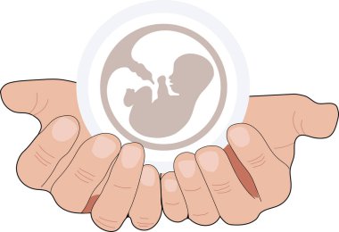 Rahimde ve ellerde bir bebek. İçeride anne ve bebeğe hamilelik ve sağlık hizmeti var. Fetüs sembolü. Embriyo ve göbek bağının yuvarlak logosu. Ana fetüs ilacı. Bir eldeki embriyo. 