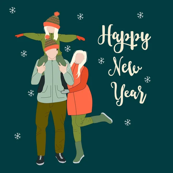 Yeni Yıl Tebrik Kartı Mutlu Aile Retro Tarzında Mavi Arka — Stok Vektör