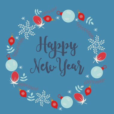 Tebrik kartı için mutlu yıllar mesajı. Kar taneleri ve ağaçların Noel çelenkleriyle süslenmiş mavi ve kırmızı süsler.. 