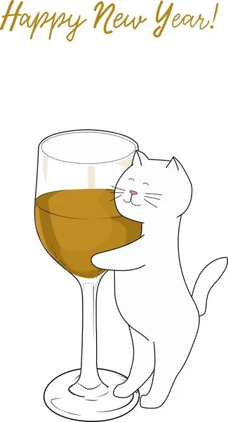 Gelukkig Nieuwjaar Met Kat Witte Kat Knuffel Glas Champagne Gouden — Stockvector