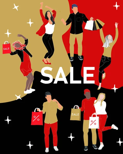 Grande Vente Noël Black Friday Réductions Saisonnières Des Gens Heureux — Image vectorielle