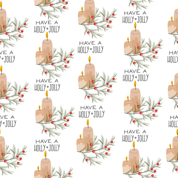 Plantas Navidad Dibujadas Mano Velas Texto Sobre Fondo Blanco Patrón — Archivo Imágenes Vectoriales