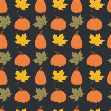 Balkabağı ve akçaağaç yapraklarıyla kusursuz sonbahar deseni. Tekstil ve ambalaj kağıtları için kusursuz desen. Vektör illüstrasyonu