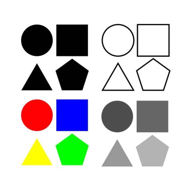 Beyaz arkaplanda çeşitli renkte kare, üçgen, daire ve altıgen. Düz stil. Web sitesi tasarımı, logo, uygulama için daire, kare, üçgen, beşgen simgesine sahip geometrik şekiller
