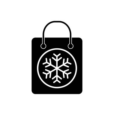 Arkaplanda hediye olan siyah alışveriş torbası. Kağıt paket. Noel satışları. Tatillerde kış indirimi. Vektör düz tasarımı