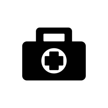 İlk yardım seti siyah simgesi düz stil. Beyaz yalıtılmış arka planda sağlık, yardım ve tıbbi teşhis vektör çizimi. Doktor çantası iş konsepti.