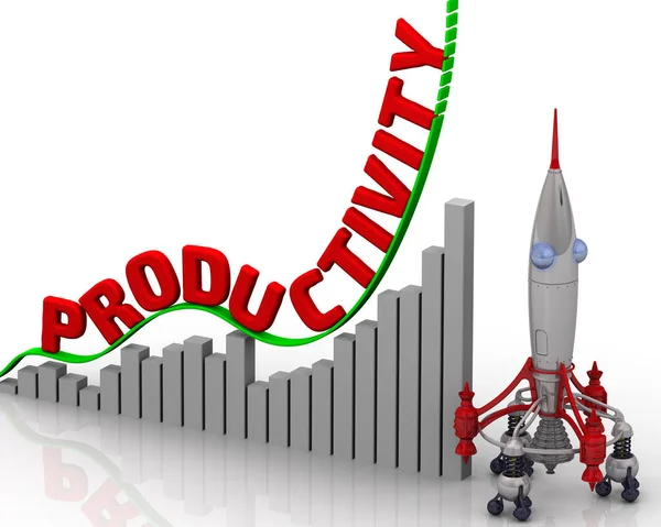 The graph of productivity growth. Graph of rapid growth with red word PRODUCTIVITY and rocket. 3D Illustration