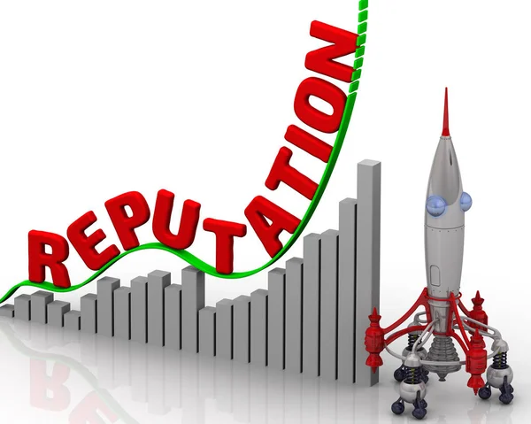 The graph of reputation growth. Graph of rapid growth with red word REPUTATION and rocket. 3D Illustration