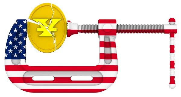 USA sanctions pressure on the Chinese economy. Concept. Gold coin with the symbol of the Chinese yuan is clamped in the clamp (Clamp in colors of US flag). Financial concept. Isolated. 3D Illustration