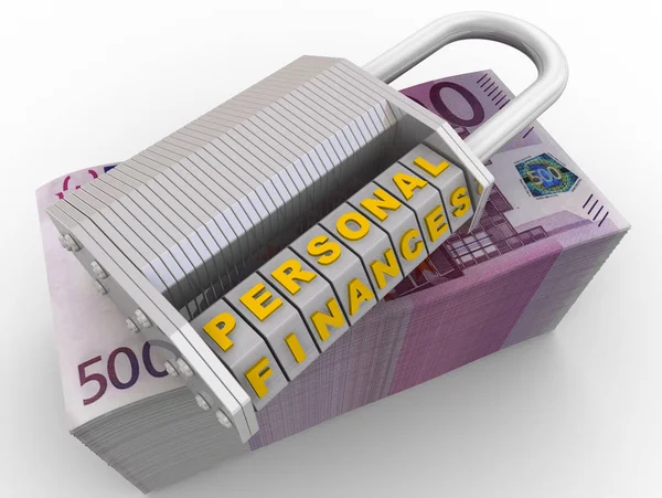 Personal finances are protected. Combination lock (wordlock) with letters PERSONAL FINANCES on a pack of euro banknotes. Isolated. 3D Illustration