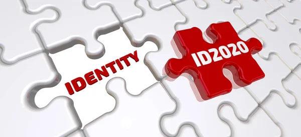 ID2020 is a prototype digital system for identification. The folded white puzzles elements with empty place labeled IDENTITY and one red puzzle with text ID2020. 3D Illustration