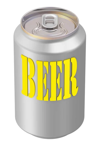 Aluminum can with beer. One aluminum beverage can with yellow word BEER. Isolated on white background. 3D Illustration