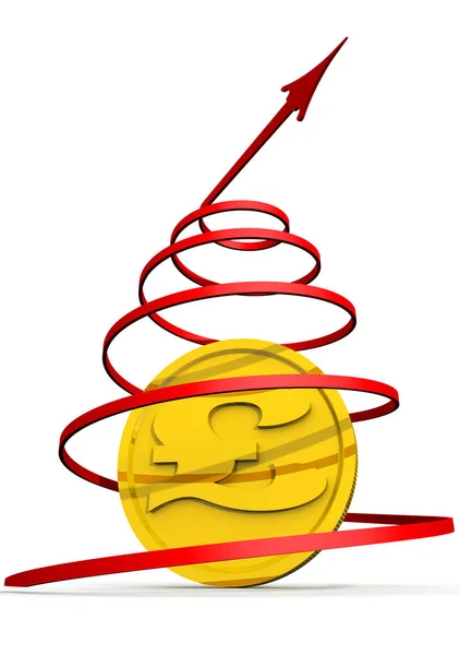 The growth of the pound sterling currency. Red arrow twisted into a helix and golden coin with the symbol of the British pound sterling in center of helix. Growth chart. Isolated. 3D Illustration