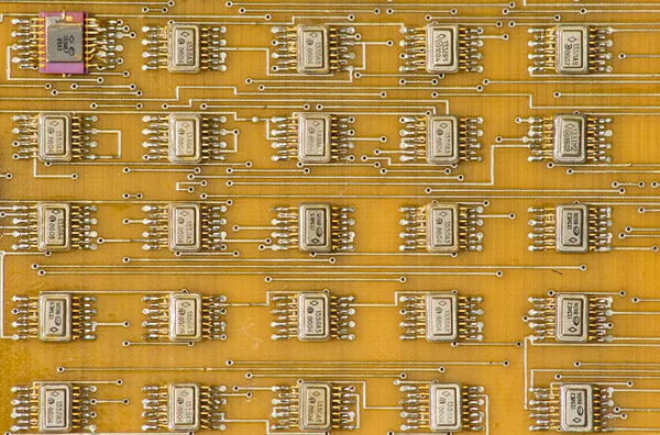 Electronic components on the board. Old soviet electronic components (chips) on electronic board