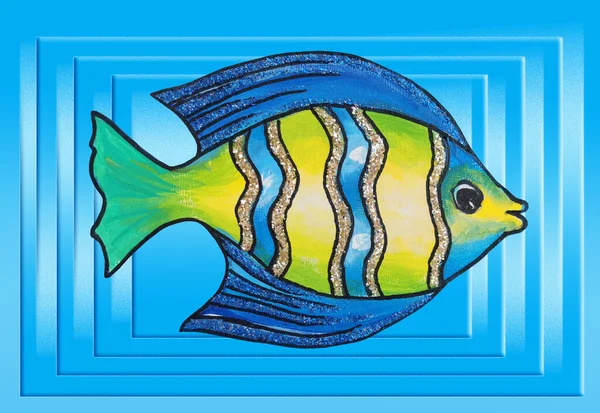 Yellow Blue Decorative Fish Painted Hands Acrylic Paints Digital Background — Stock Photo, Image