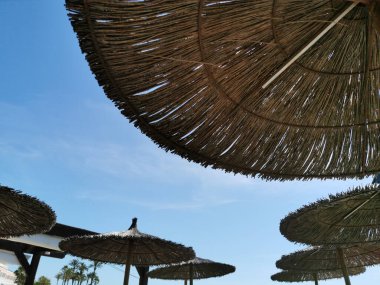 Akdeniz 'in turizm sezonu olan plaj ve kafeler için yaz saman şemsiyeleri