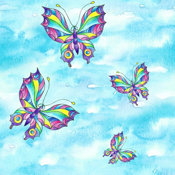 Acquerello Dipinto Mano Cielo Blu Con Farfalla Cornice Meteo Soleggiata — Foto Stock
