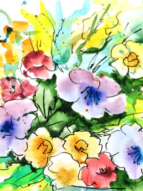 Suluboya çiçek buketi pembe kırmızı şakayık gül aranjmanı beyaz arkaplanda izole edilmiş..