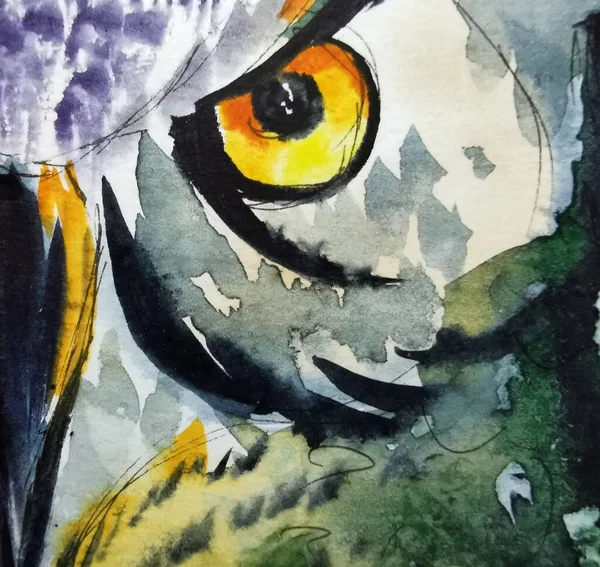 owl painted with watercolor. part of the muzzle with a beak and an orange eye