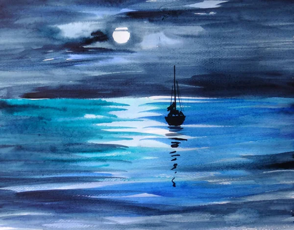 Lunar Night Watercolor Pintura Artesanal — Fotografia de Stock