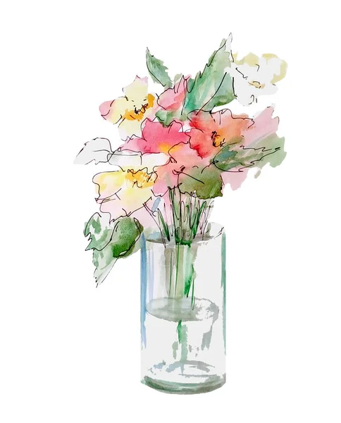 Spring Watercolor Flowers Vase White Plane Background — Stock Photo, Image