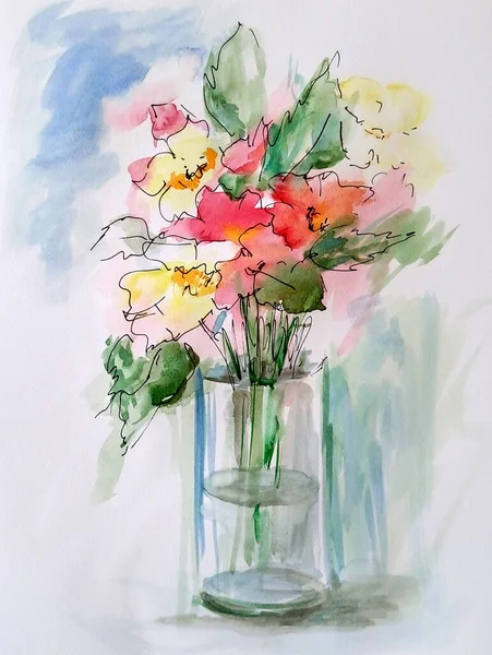 Watercolor Bouquet Flowers Vase Hand Painted Artwork — Stock Photo, Image