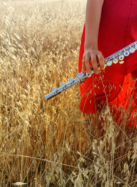 musician with flute on a wheat field in a red dress