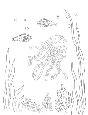 Derin denizlerdeki denizanaları. Çocuklar için renklendirme, tasarım için doğrusal çizim, çocukların gelişimi ve eğitimi
