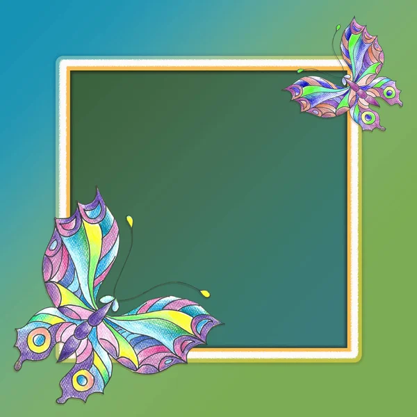 Dekoratív Pillangó Kézzel Rajzolt Színes Ceruzák Zöld Kék Keret Háttér — Stock Fotó