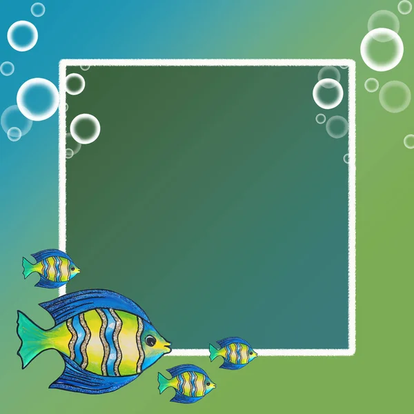 Dekorativní Modrý Zelený Rámeček Stylu Moře Tropickými Rybami — Stock fotografie