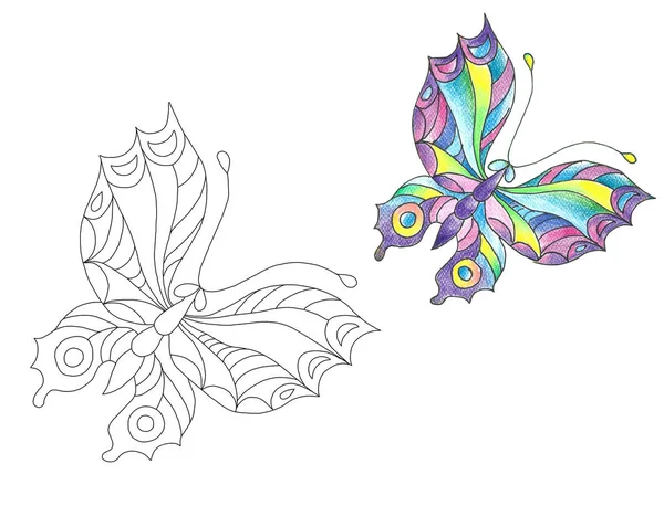 Coloriage Papillon Pagr Pour Les Enfants Avec Exemple — Photo