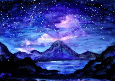 Gökyüzünde bir galaksi olan dağların gece görüşü suluboya resim sanatının gürültüsü