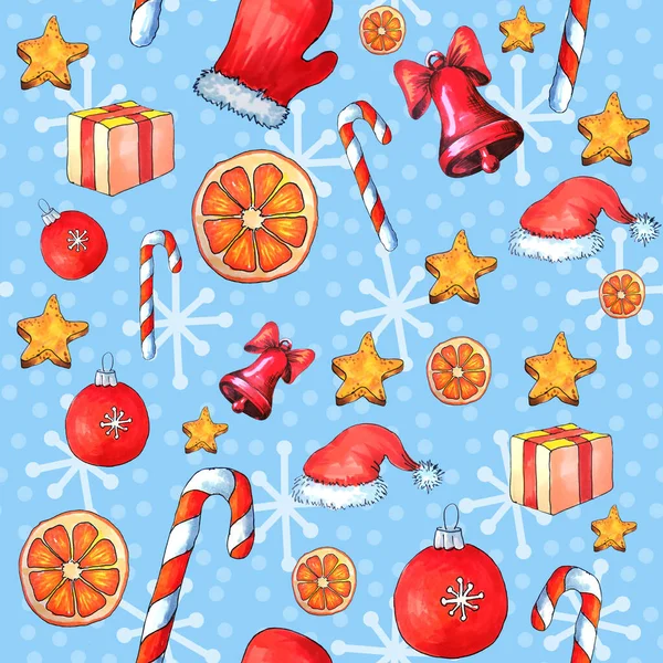 Ünnepi Zökkenőmentes Minta Különböző Szilveszteri Elemeket Akvarell Karácsonyi Textúra Tartozékokkal — Stock Fotó