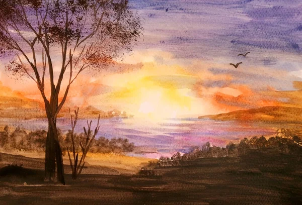 湖の上の明るいオレンジ色の夕日水彩画手仕事前景のシルエット — ストック写真