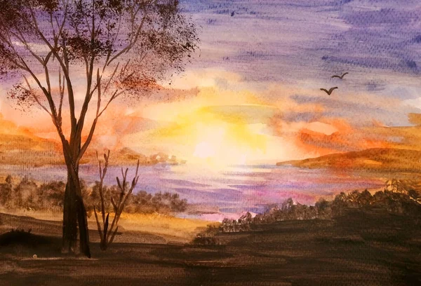 Pôr Sol Laranja Brilhante Lago Pintura Aquarela Trabalho Manual Silhueta — Fotografia de Stock