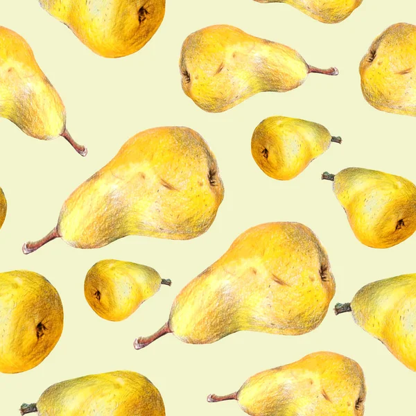 yellow pear seamless pattern drawing with hand colored pencils Juicy ripe pear.