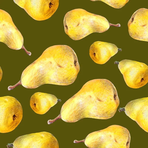 yellow pear seamless pattern drawing with hand colored pencils Juicy ripe pear.