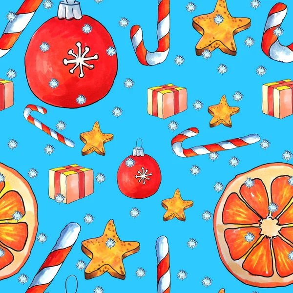 Ünnepi Zökkenőmentes Minta Különböző Szilveszteri Elemeket Akvarell Karácsonyi Textúra Tartozékokkal — Stock Fotó