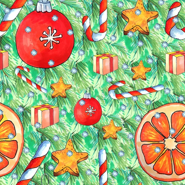 Holiday Seamless Pattern Different New Year Elements Рождественская Текстура Аксессуарами — стоковое фото