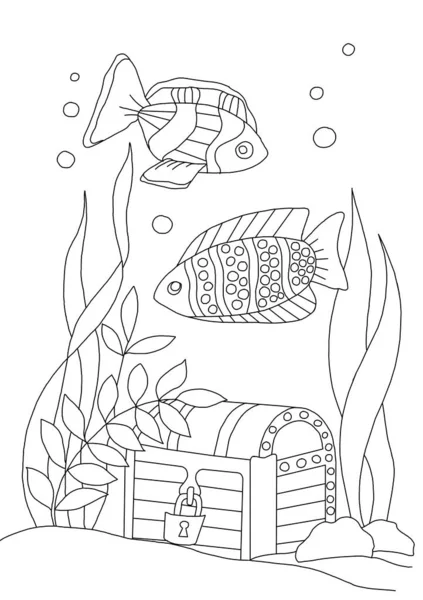 treasure chest in the bottom of the sea with small fishes around Coloring for children, linear drawing for design, children\'s development and education