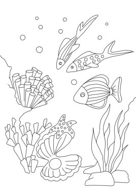 Denizin dibinde incili kabuk, çocuklar için boyama, tasarım için doğrusal çizim, çocukların gelişimi ve eğitimi için küçük balıklar.