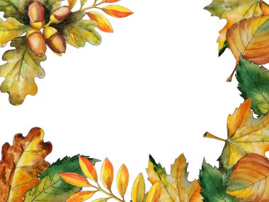 Çoklu renkli sonbahar yapraklarının çerçevesi kopyalama alanı ile suluboya ile boyanmış