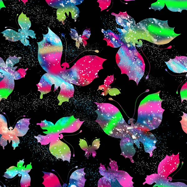 Butterfly silhouette of a bright galaxy and stars against the black sky seamless pattern illustration