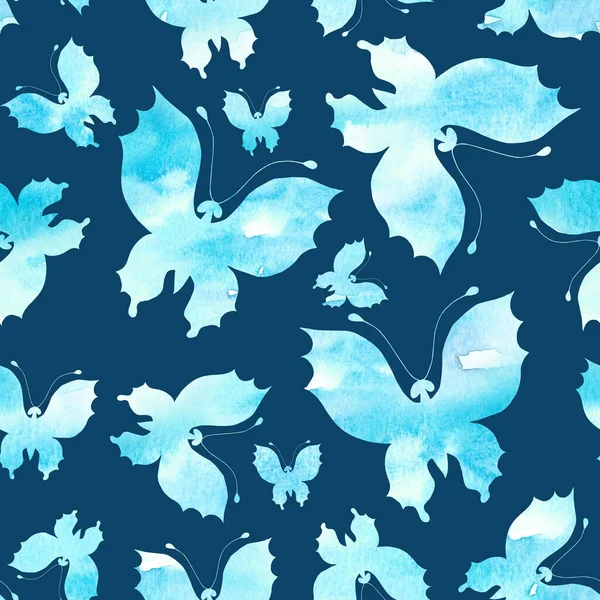 butterfly silhouette of a bright blue sky on the dark blue background seamless pattern illustration