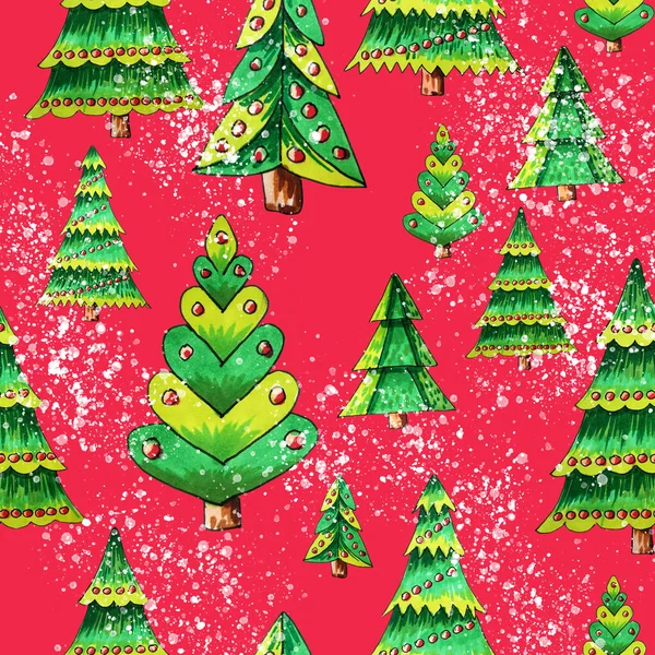 Christmas Tree Christmas Trees Snow Seamless Pattern Hand Drawn Watercolor — Stock Photo, Image