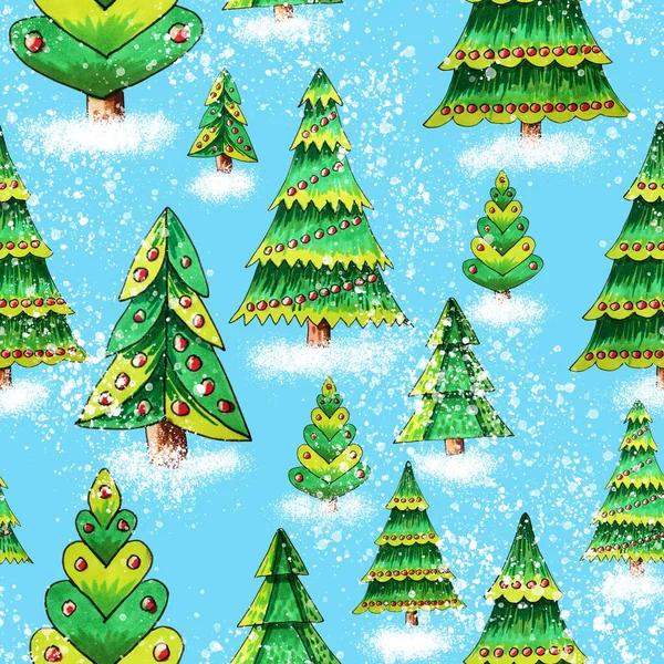 Christmas Tree Christmas Trees Snow Seamless Pattern Hand Drawn Watercolor — Stock Photo, Image