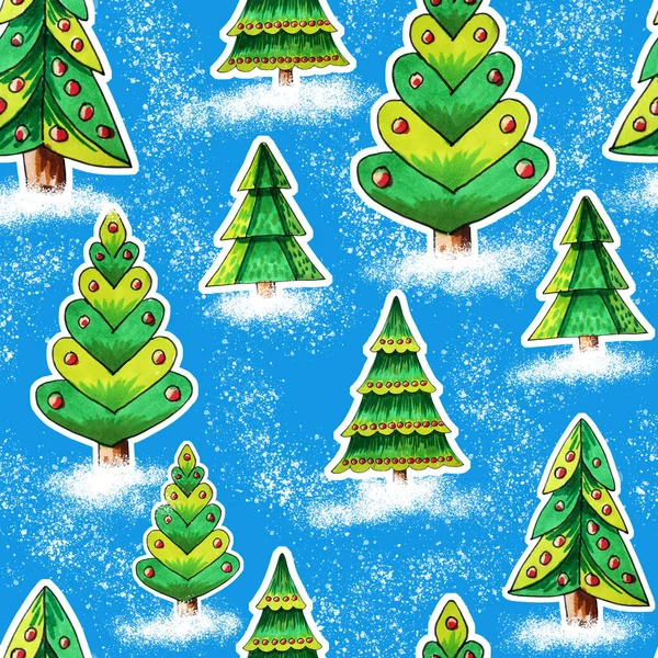Christmas Tree Christmas Trees Snow Seamless Pattern Hand Drawn Watercolor — Stock Photo, Image