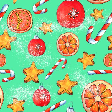 Noel ağaçları ve karlı Noel ağacı, pürüzsüz el çizimleri, açık yeşil arka planda suluboya.