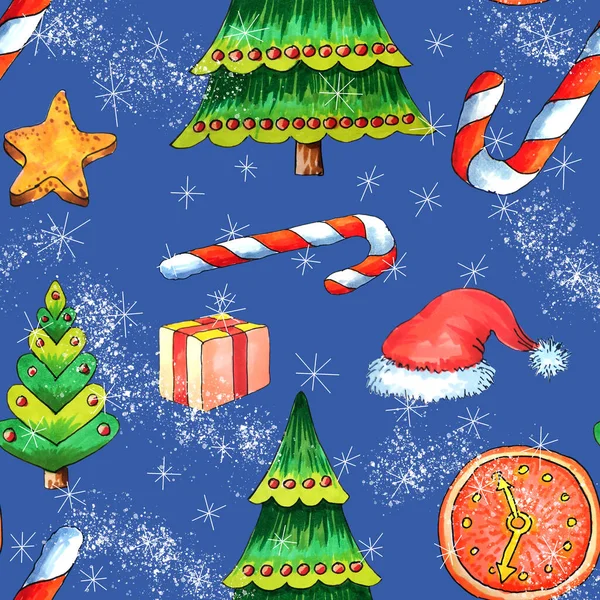 Noel ağaçları ve karlı Noel ağacı, kusursuz el çizimleri, mavi arka planda suluboya.